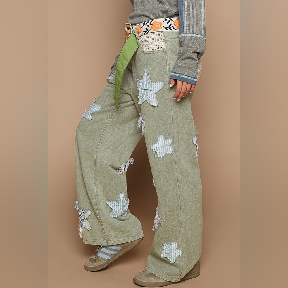 POL Olive Green Wide-Leg Jeans with Light Blue Star Patches